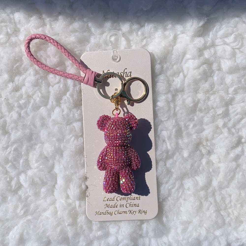 Natasha Pink Sparkle Teddy Bear Handbag/Keychain w Braided Loop (NWT)